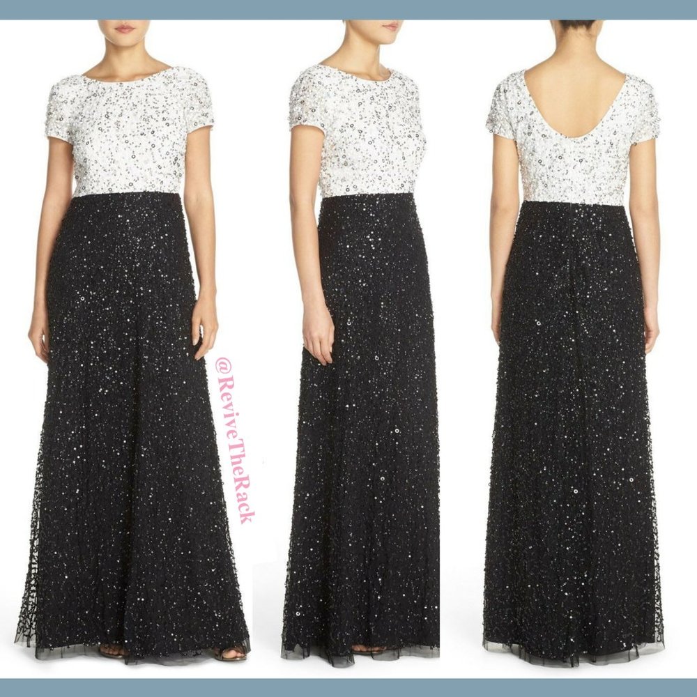 NWT Adrianna‎ Papell Sequin Colorblock Gown in Black/White/Silver [SZ 2 ]